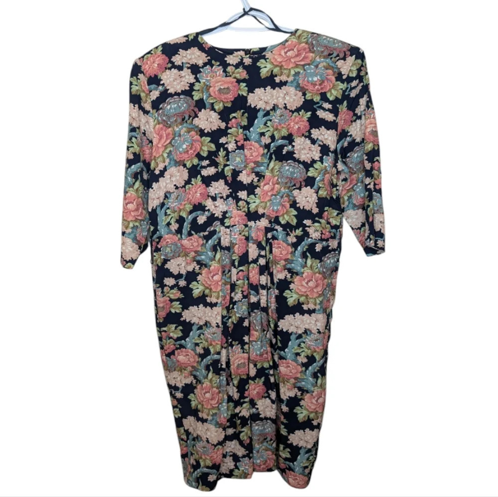 Vintage Floral Midi Long Sleeve Pleated Front Dress Women 16W